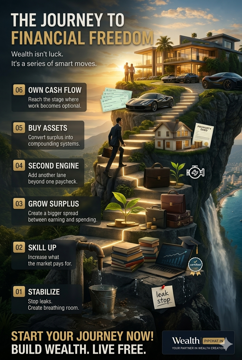 A visual path from stabilizing money to building assets, cash flow, and financial freedom.